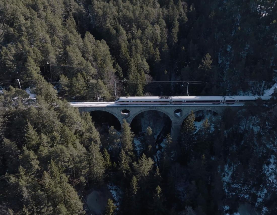 Zug fährt über Brücke durch den Wald